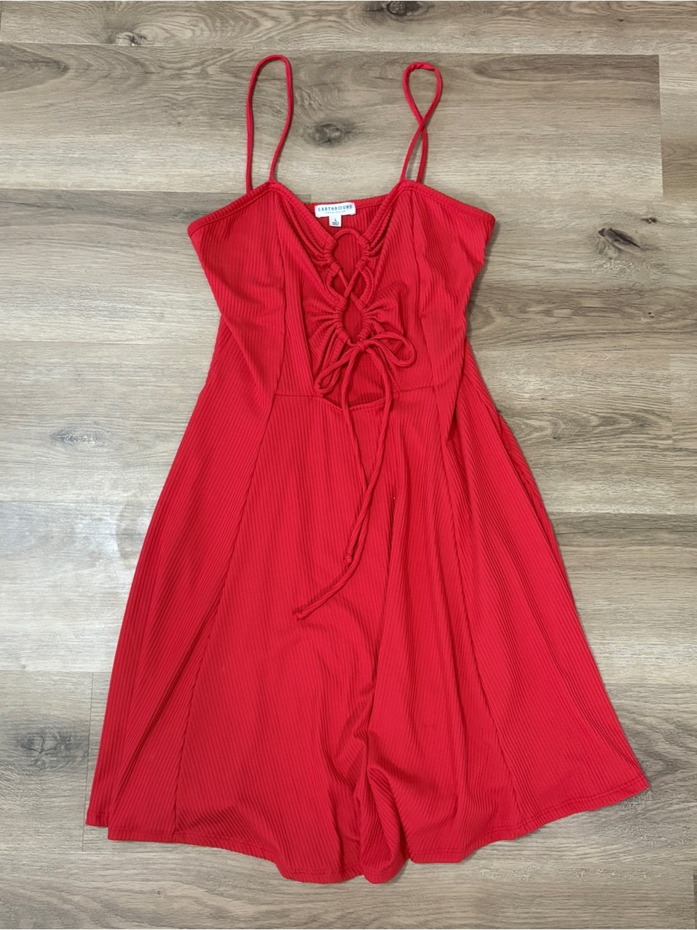 Earthbound Red Lace-Up Ribbed Sundress